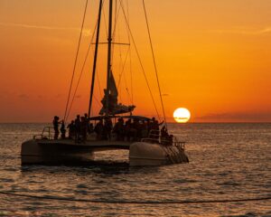 Catamaran sails at sunset